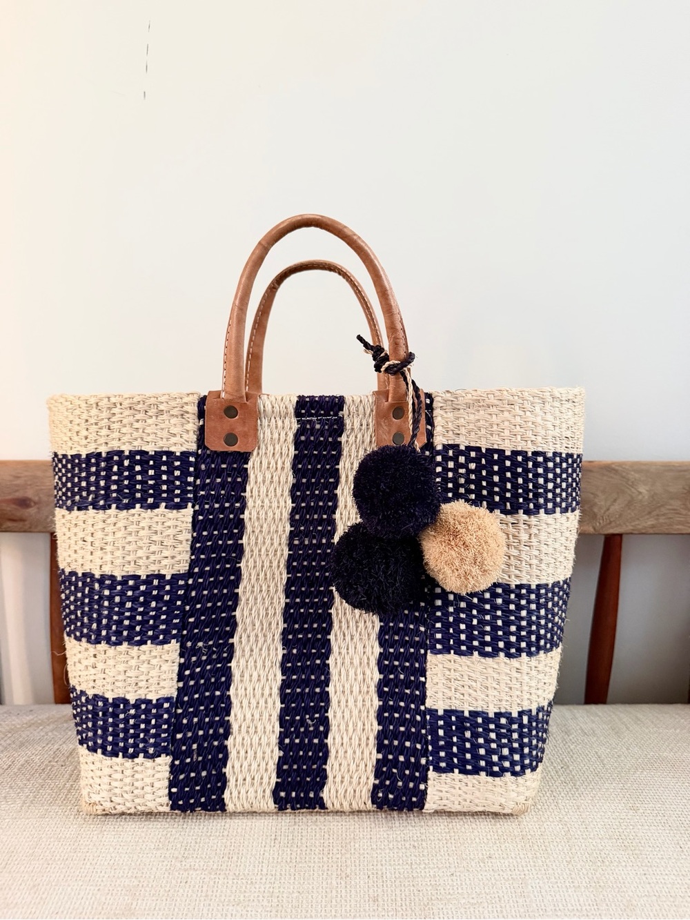 Mar Y Sol HandWoven in Madagascar Straw Tote Bag w Navy Stripes and Pom Charm